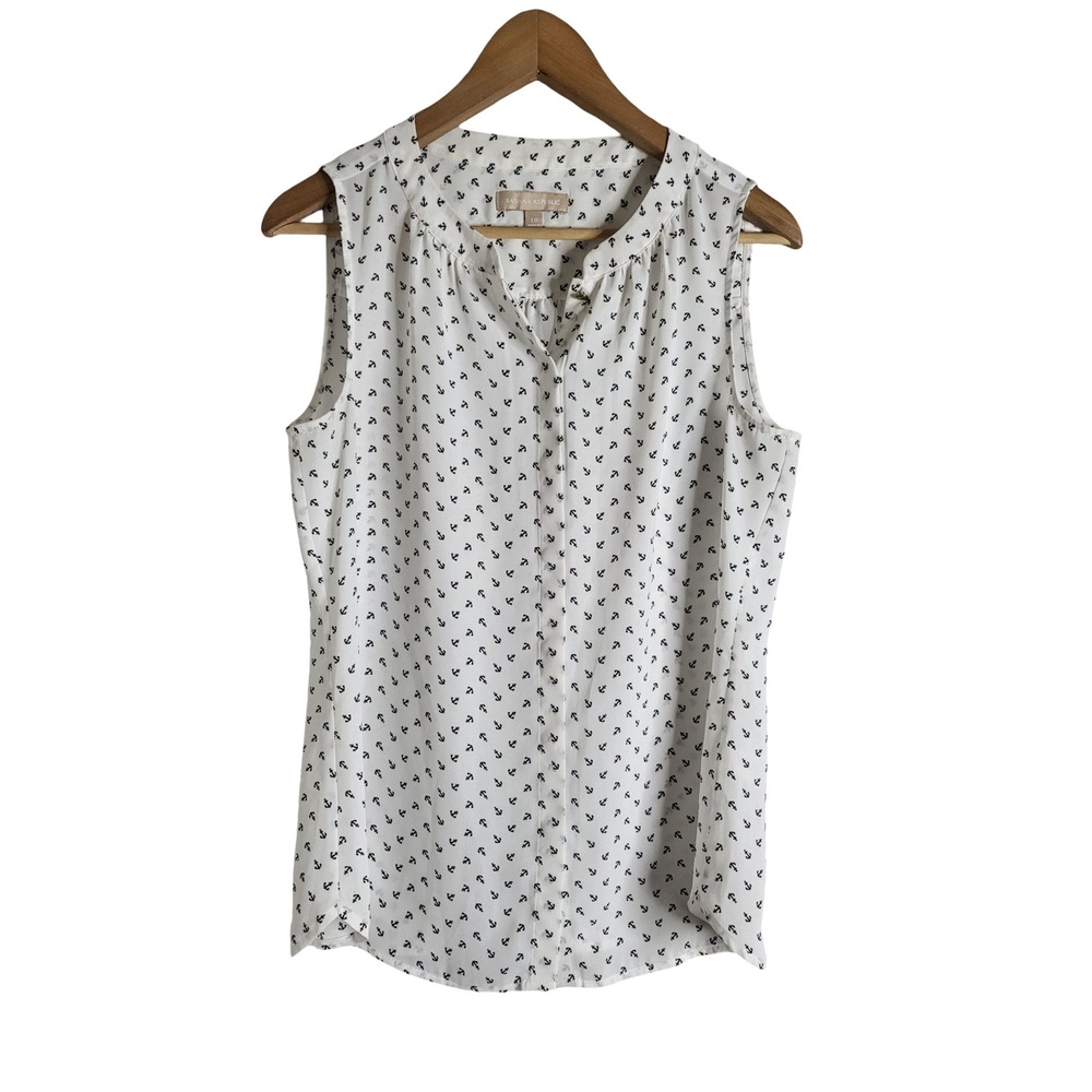 Banana Republic Sleeveless Anchor Print Blouse White Navy Blue Nautical Top 10